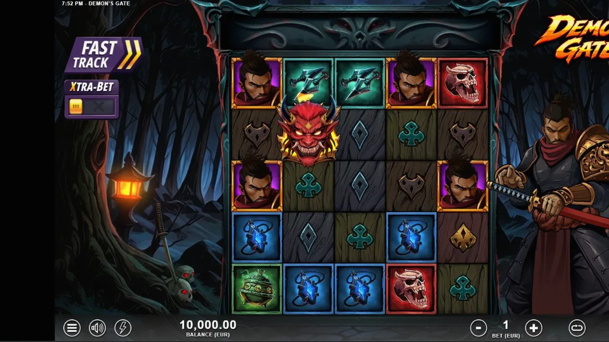 Pemandangan gerbang iblis dalam slot Demon’s Gate dengan suasana samurai yang gelap