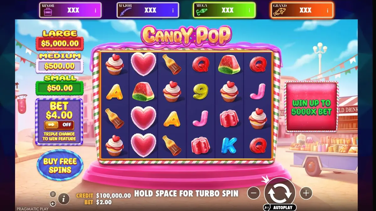 Tampilan visual slot Candy Pop dengan tema permen yang cerah dan penuh warna.