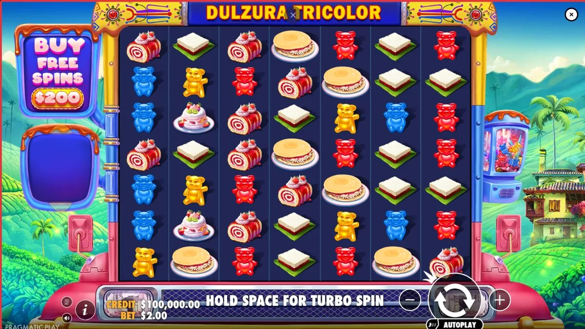 Tampilan visual slot Dulzura Tricolor dengan tema permen dan pemandangan Kolombia yang cerah